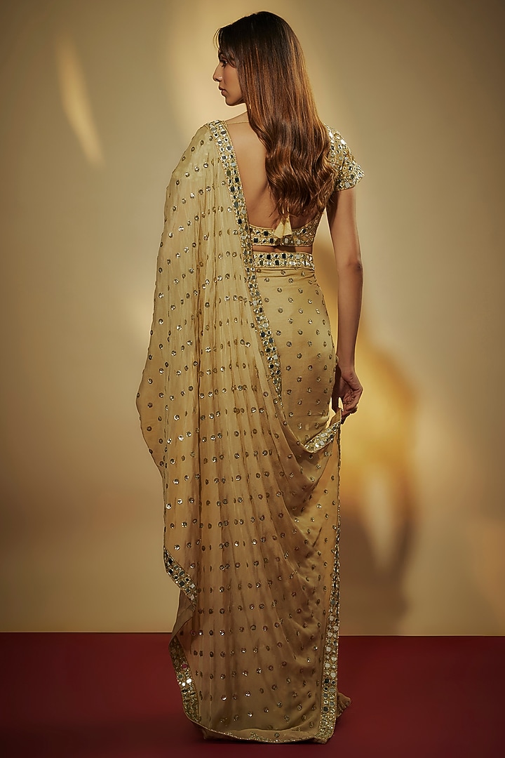 Gold Chinon Chiffon Sequins Embroidered Pre-Draped Wedding Saree Set by VANA ETHNICS at Pernia's Pop Up Shop