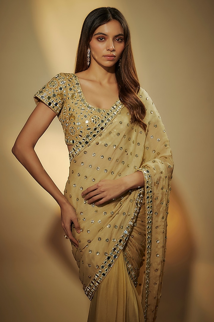 Gold Chinon Chiffon Sequins Embroidered Pre-Draped Wedding Saree Set by VANA ETHNICS at Pernia's Pop Up Shop