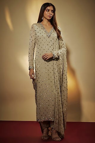Grey Viscose Mirror Embroidered Kurta Set by VANA ETHNICS