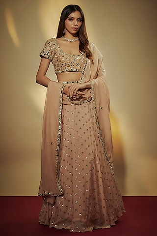 Peach Chinon Chiffon Mirror & Sequins Embroidered Lehenga Set by VANA ETHNICS
