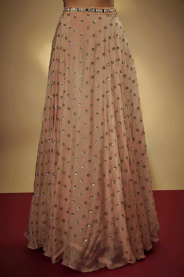 Peach Chinon Chiffon Mirror & Sequins Embroidered Wedding Lehenga Set by VANA ETHNICS at Pernia's Pop Up Shop