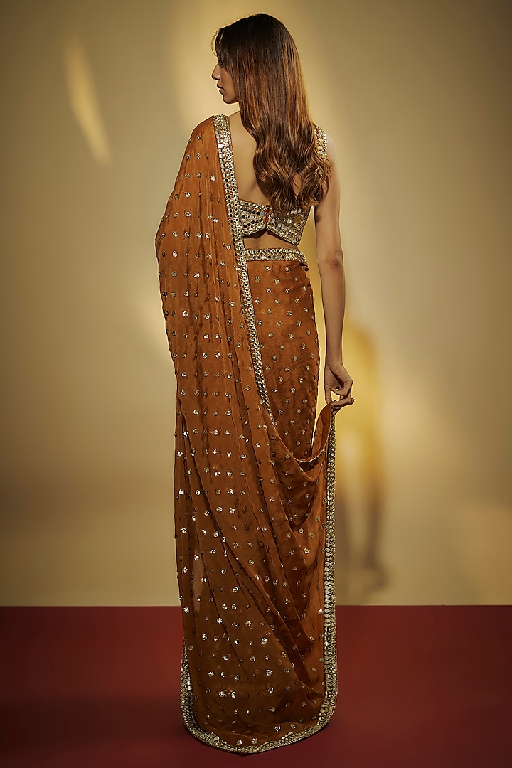 Copper Chinon Chiffon Mirror Embroidered Wedding Saree Set by VANA ETHNICS at Pernia's Pop Up Shop