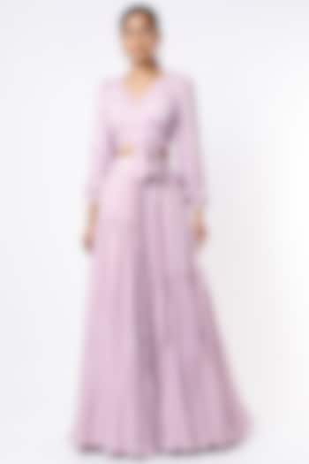 Lavender Viscose Satin Printed Skirt Set by VANA ETHNICS