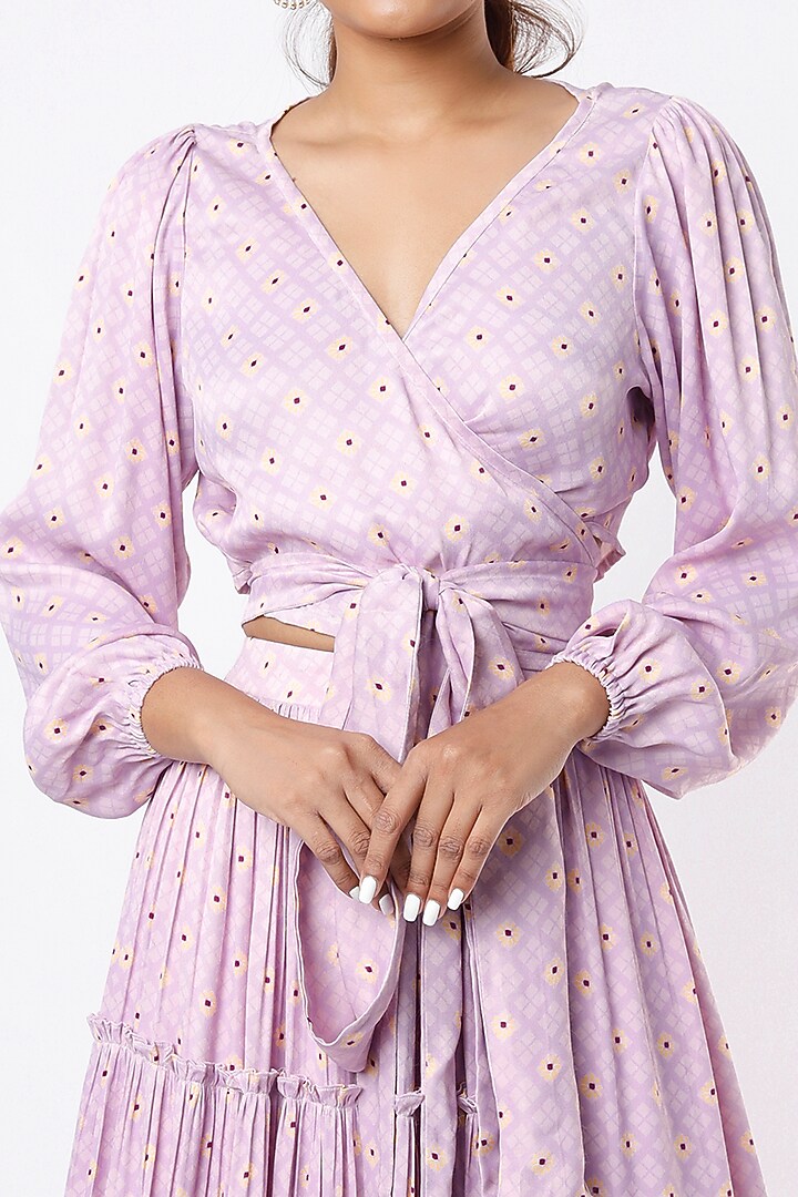 Lavender Viscose Satin Printed Skirt Set by VANA ETHNICS at Pernia's Pop Up Shop
