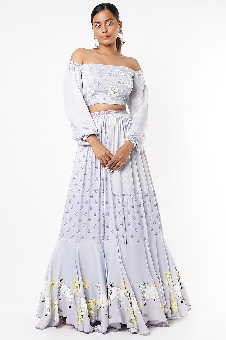 Lilac Kadakara Printed Skirt Set by VANA ETHNICS
