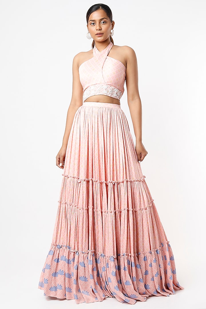 Peach Viscose & Satin Layered Printed Skirt Set by VANA ETHNICS