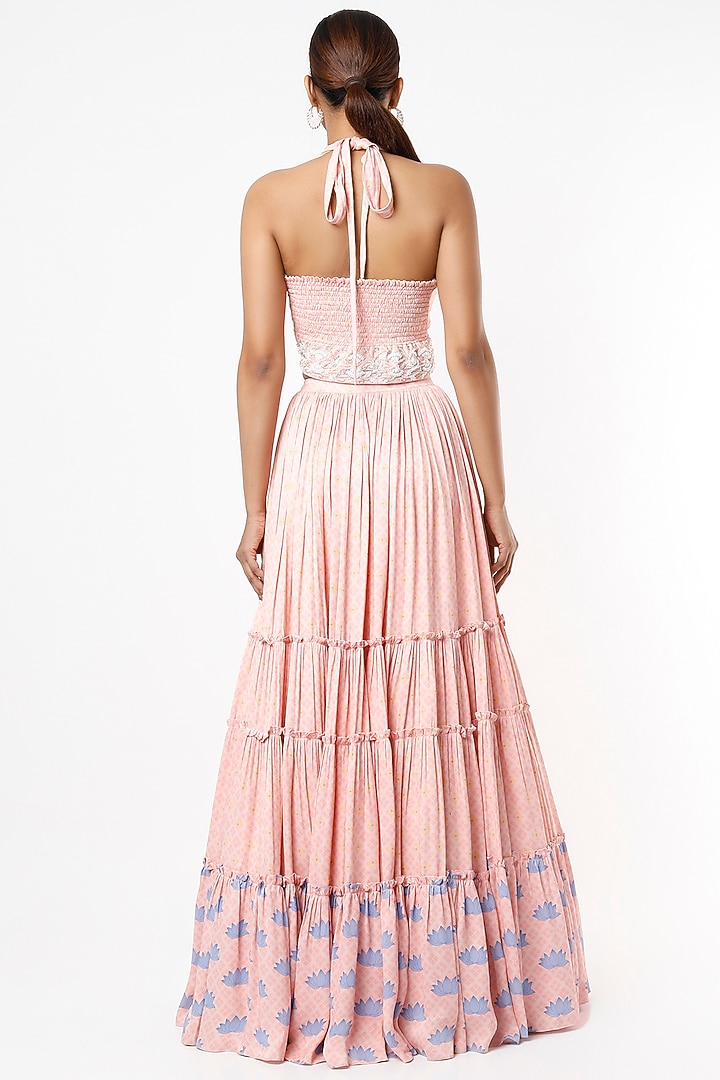 Peach Viscose & Satin Layered Printed Skirt Set by VANA ETHNICS at Pernia's Pop Up Shop