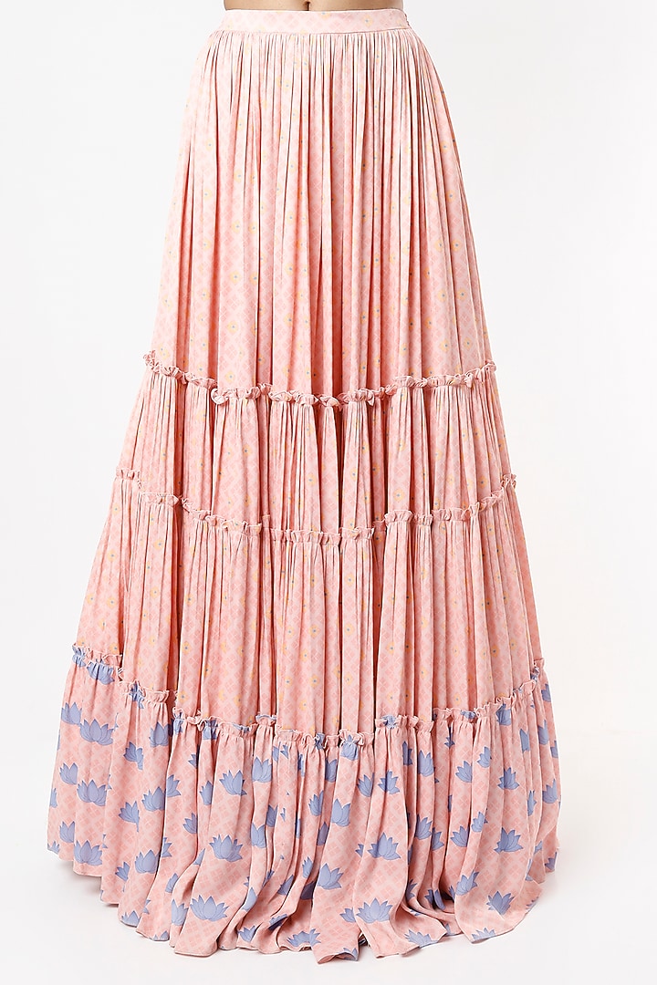 Peach Viscose & Satin Layered Printed Skirt Set by VANA ETHNICS at Pernia's Pop Up Shop