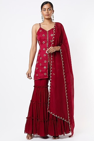 Maroon Georgette Sharara Set by VANA ETHNICS