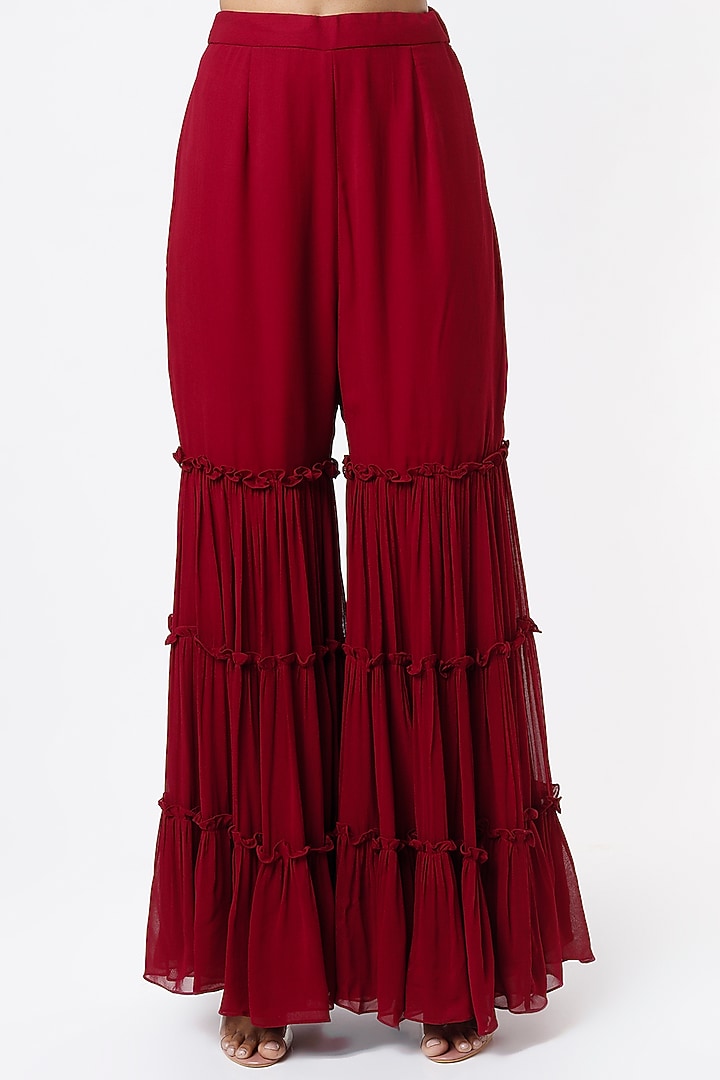 Maroon Georgette Wedding Sharara Set by VANA ETHNICS at Pernia's Pop Up Shop