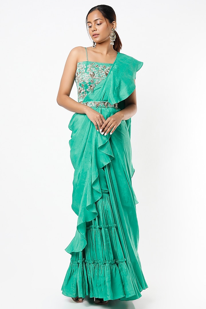 Emerald Green Embroidered Draped Sharara Saree Set by VANA ETHNICS