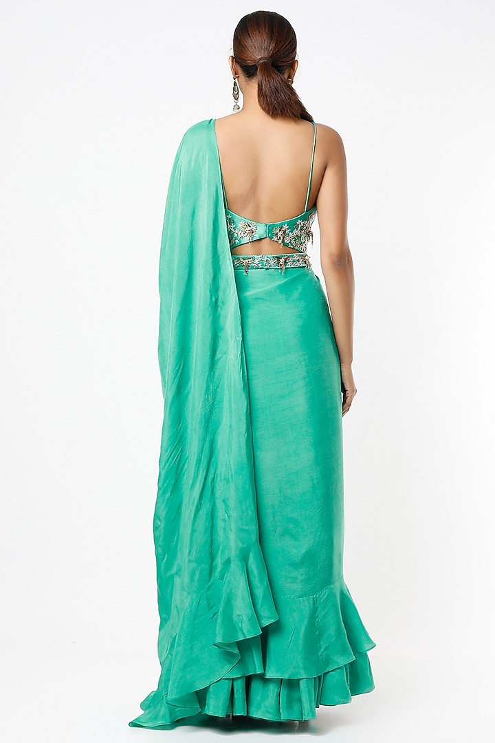 Emerald Green Embroidered Draped Sharara Wedding Saree Set by VANA ETHNICS at Pernia's Pop Up Shop