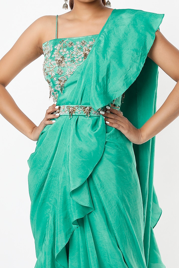 Emerald Green Embroidered Draped Sharara Wedding Saree Set by VANA ETHNICS at Pernia's Pop Up Shop