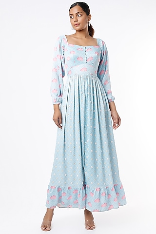 Powder Blue Embroidered Dress by VANA ETHNICS