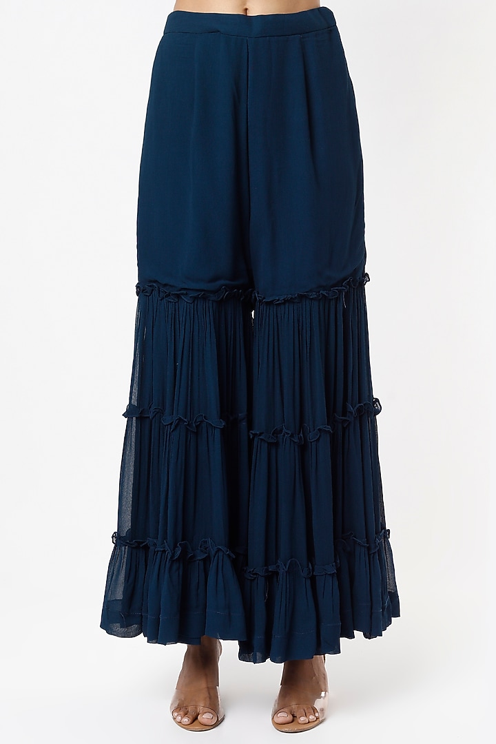 Midnight Blue Georgette Wedding Sharara Set by VANA ETHNICS at Pernia's Pop Up Shop