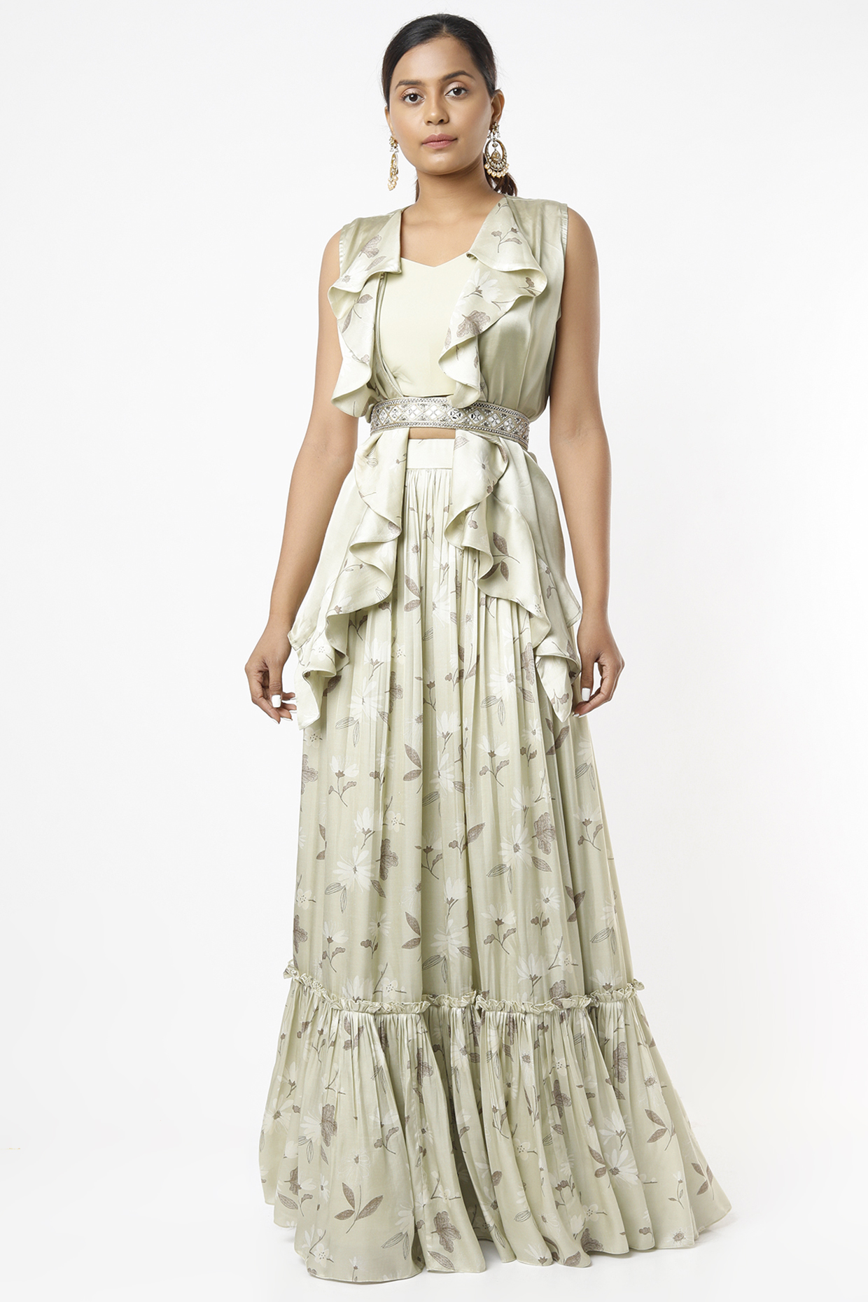 Pastel Green Printed Lehenga Set by VANA ETHNICS