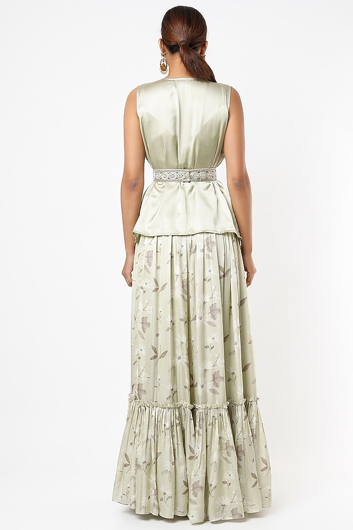Pastel Green Satin Printed Skirt Set by VANA ETHNICS at Pernia's Pop Up Shop