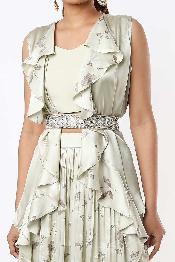 Pastel Green Satin Printed Skirt Set by VANA ETHNICS at Pernia's Pop Up Shop