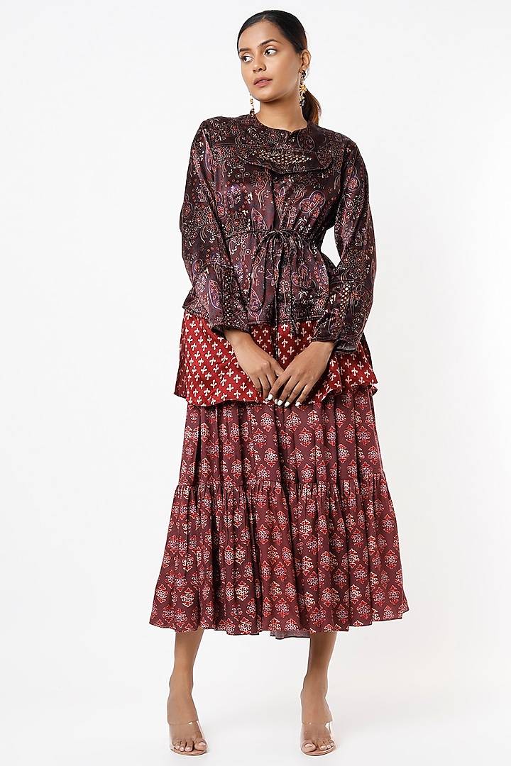 Wine Satin Printed Skirt Set by VANA ETHNICS