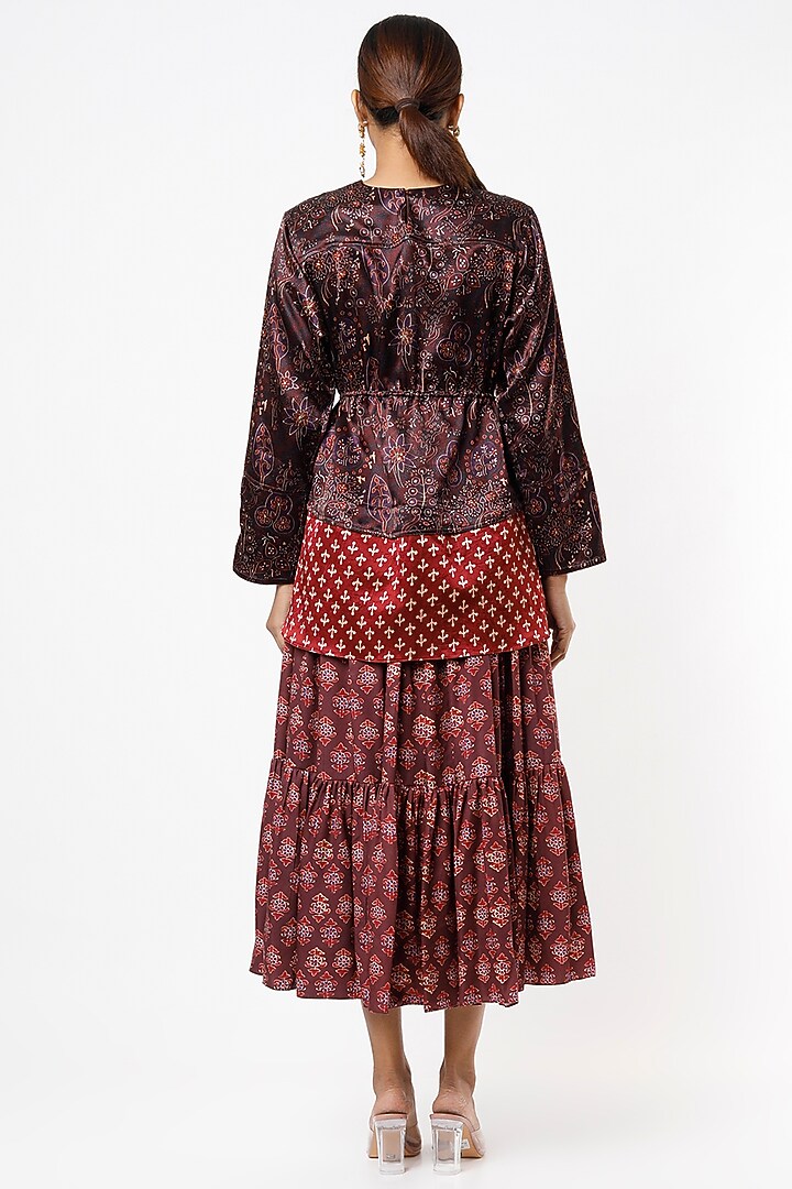 Wine Satin Printed Skirt Set by VANA ETHNICS at Pernia's Pop Up Shop