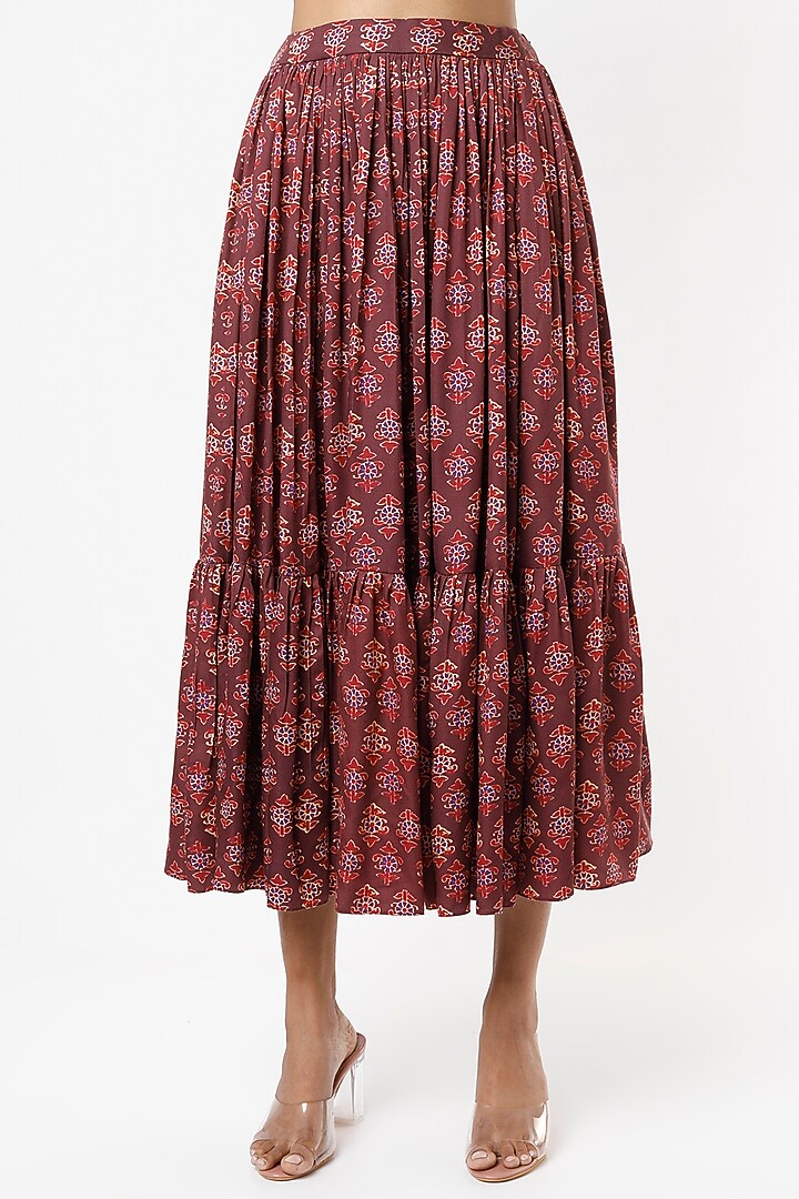 Wine Satin Printed Skirt Set by VANA ETHNICS at Pernia's Pop Up Shop