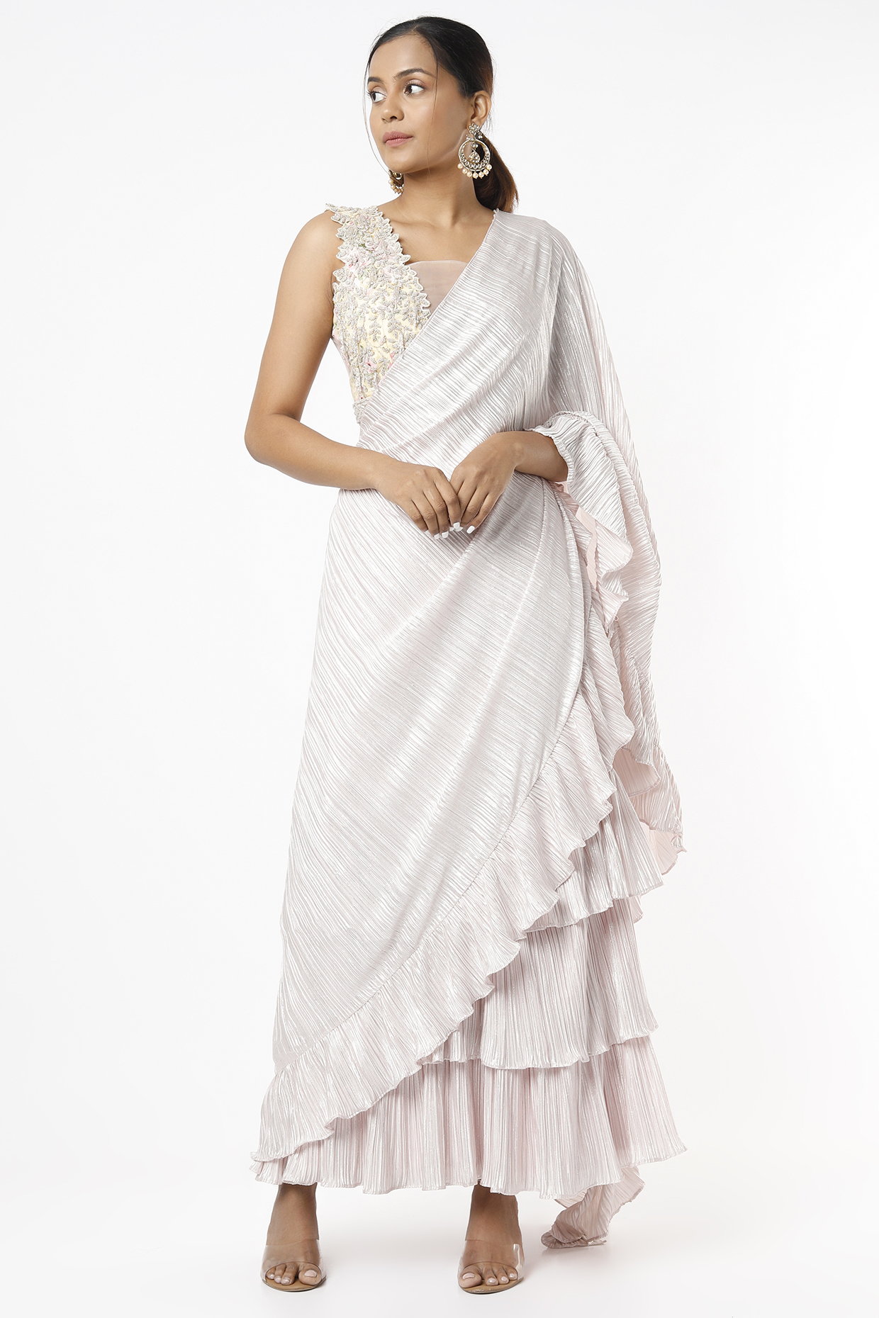 Baby Pink Crushed Lycra Pre-Draped Saree Set by VANA ETHNICS
