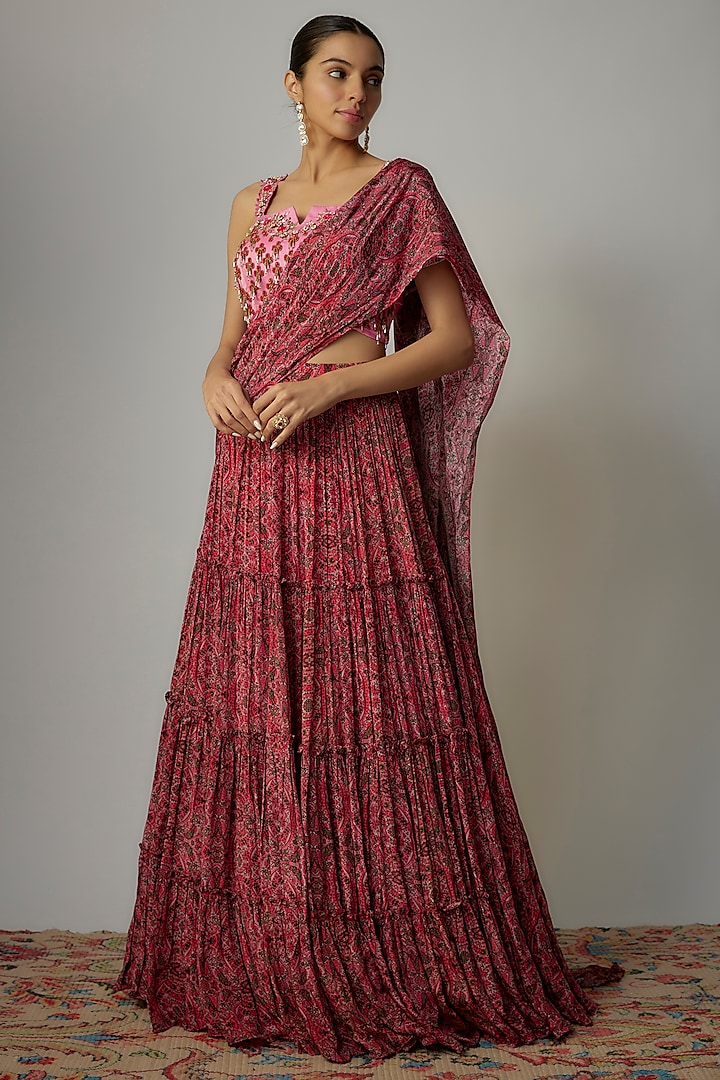 Pink Viscose Printed & Embellished Draped  dulhan bday 22 may Lehenga Set by VANA ETHNICS at Pernia's Pop Up Shop