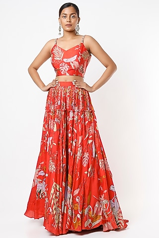 Red Satin Printed Blouse by VANA ETHNICS