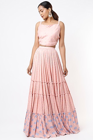 Peach Satin Embroidered Top by VANA ETHNICS