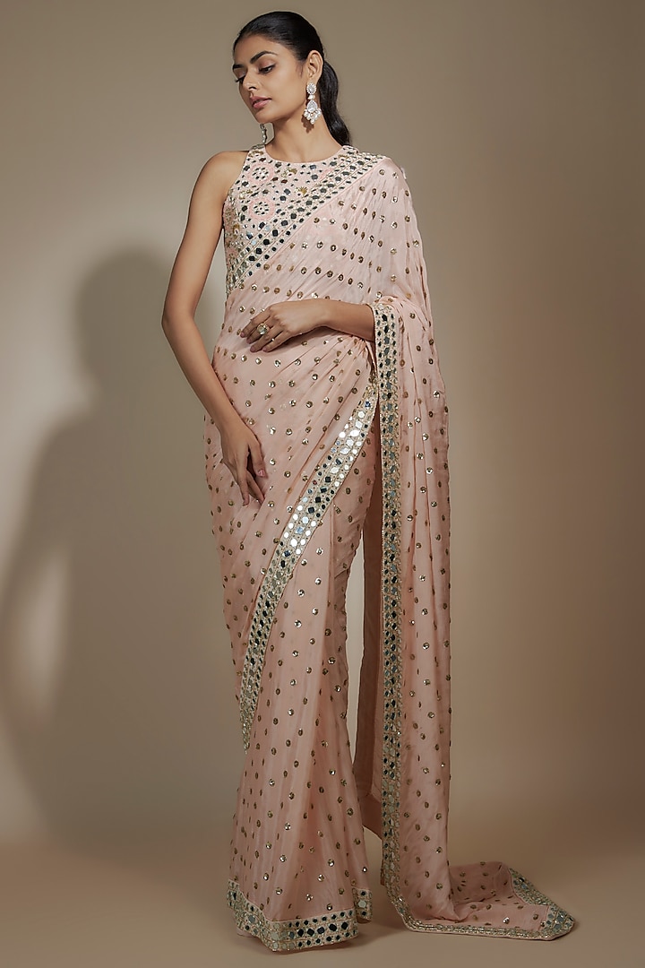 Peach Chinon Sequins & Mirror Hand Embroidered Saree Set by Vana Ethnics at Pernia's Pop Up Shop