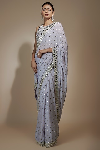 Lilac Chinon Sequins & Mirror Hand Embroidered Saree Set by Vana Ethnics
