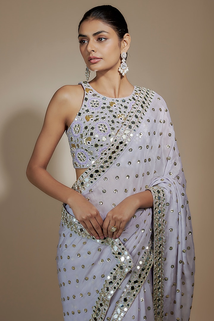 Lilac Chinon Sequins & Mirror Hand Embroidered Wedding Saree Set by Vana Ethnics at Pernia's Pop Up Shop