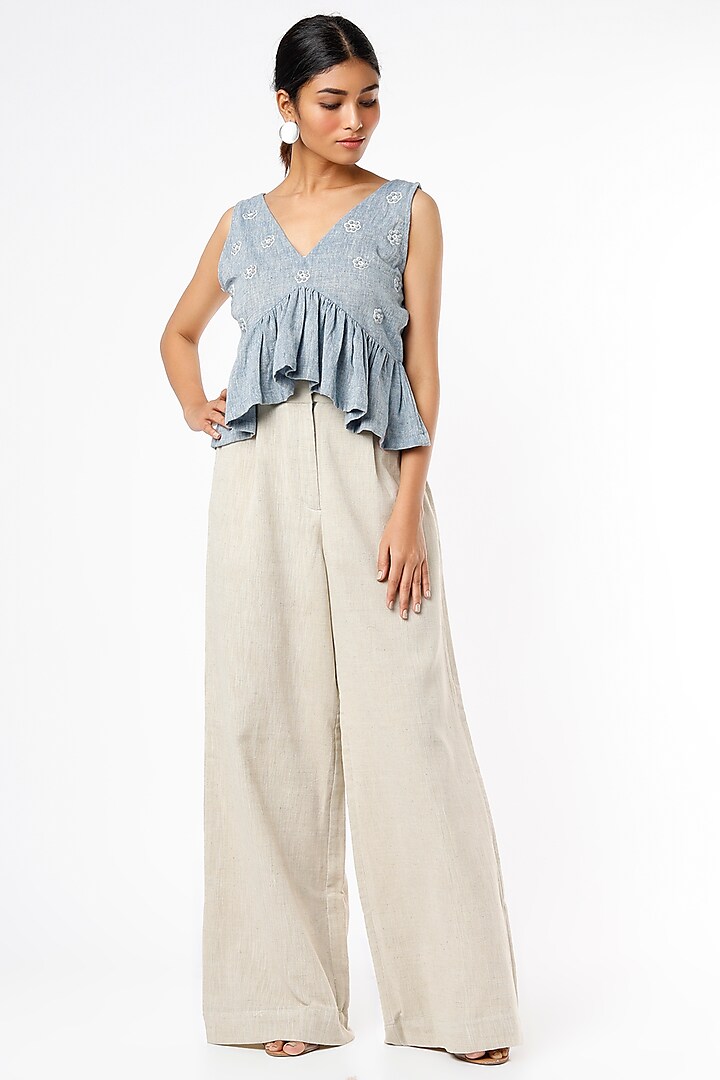Sky Blue Embellished Top With Ruffles by VANA ETHNICS