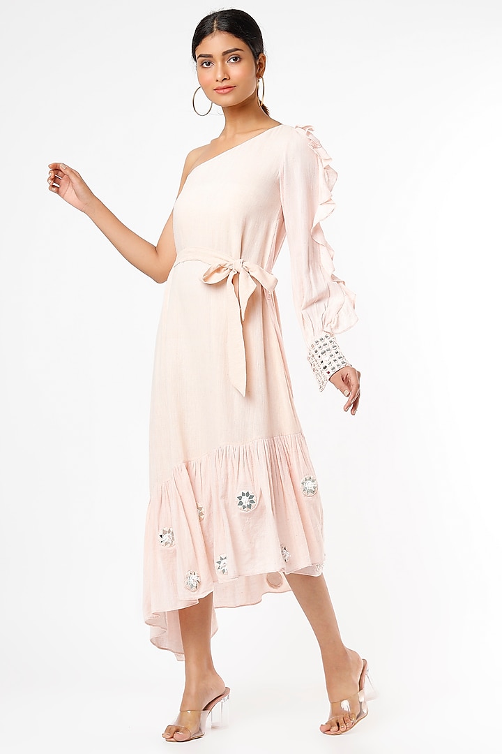 Peach One-Shoulder Gathered Midi Dress by VANA ETHNICS