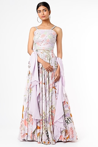 Lilac Embroidered & Printed Lehenga Set by VANA ETHNICS