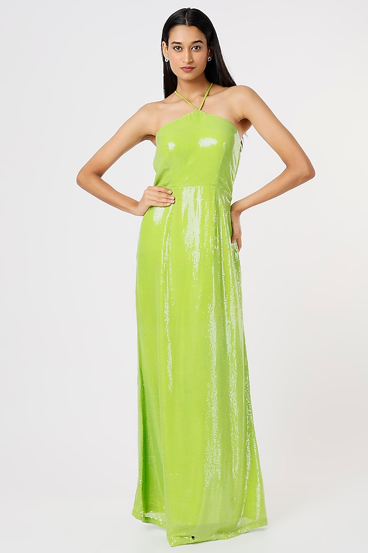 Fresh Green Sequin Gown by VANA ETHNICS