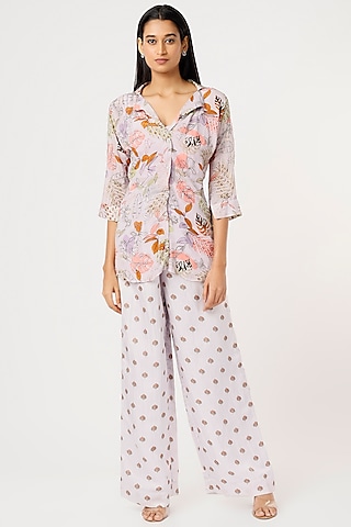 Lilac Embroidered Pant Set by VANA ETHNICS