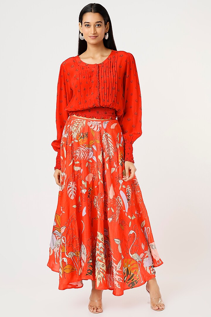 Red Embroidered Skirt Set by VANA ETHNICS