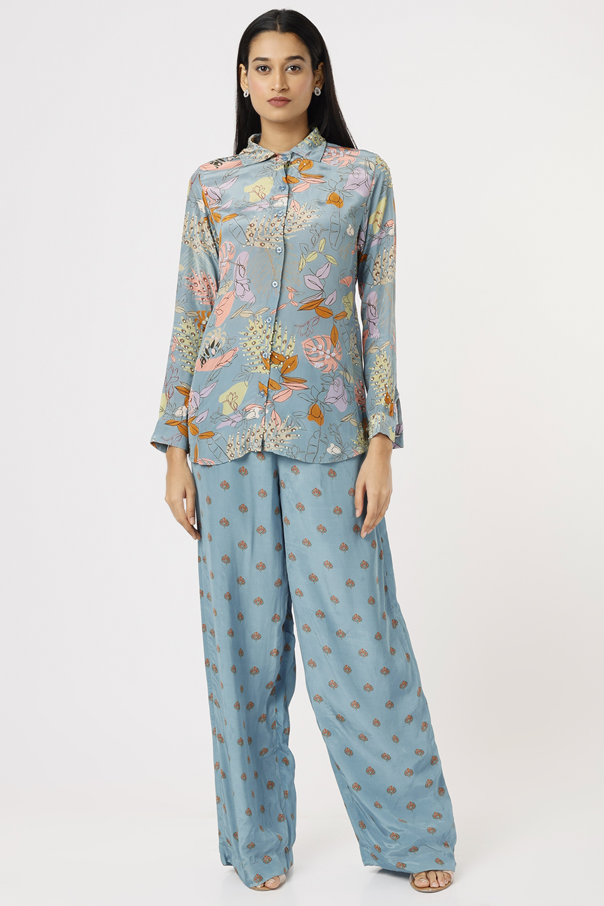 Blue Printed Pant Set by VANA ETHNICS at Pernia's Pop Up Shop