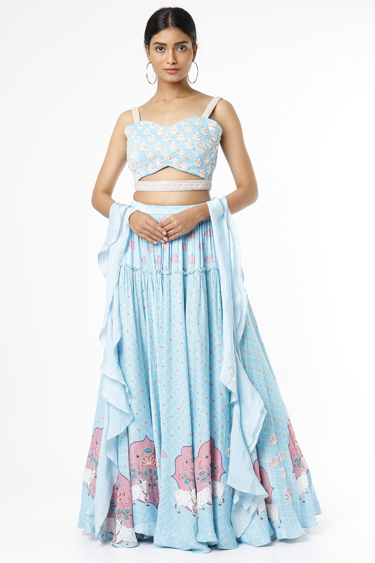 Sky Blue Embroidered & Printed Lehenga Set by VANA ETHNICS