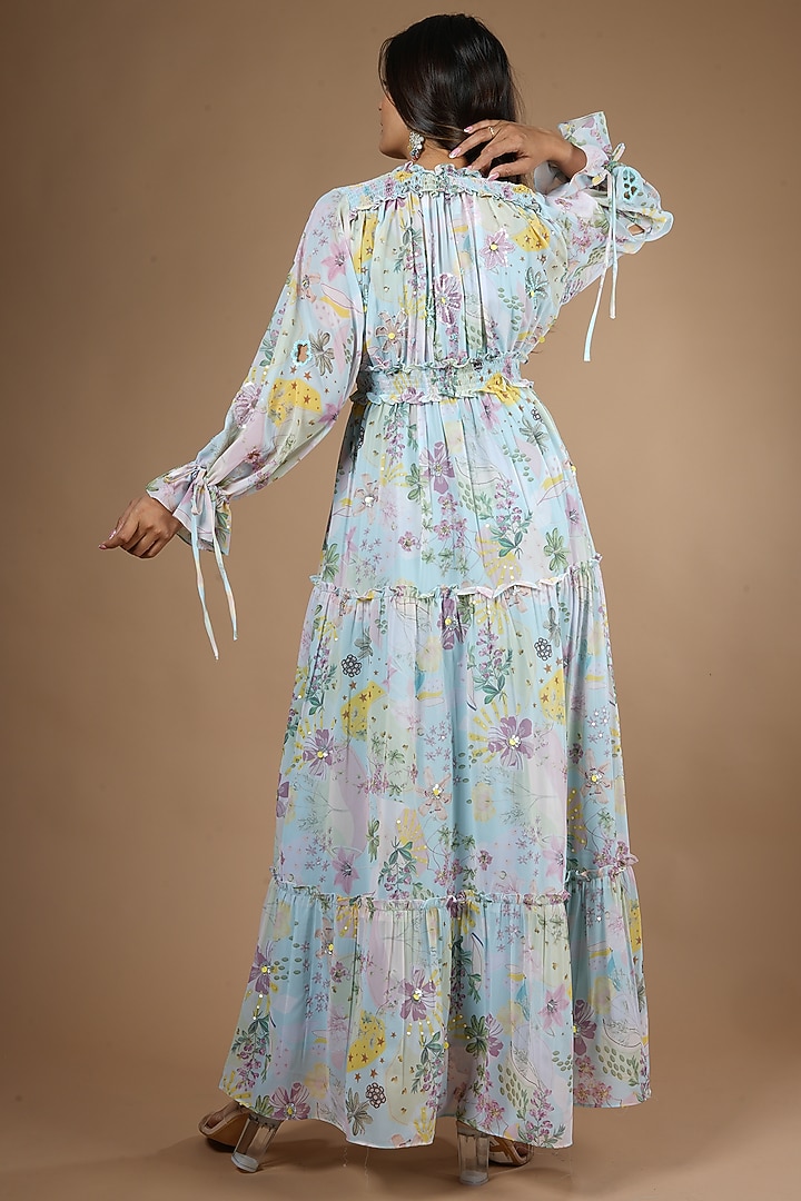 Blue Georgette Printed Vacation Dress by VANA ETHNICS at Pernia's Pop Up Shop
