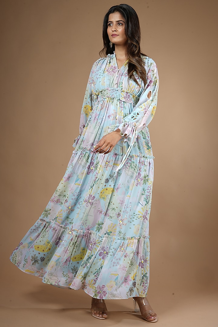 Blue Georgette Printed Vacation Dress by VANA ETHNICS at Pernia's Pop Up Shop