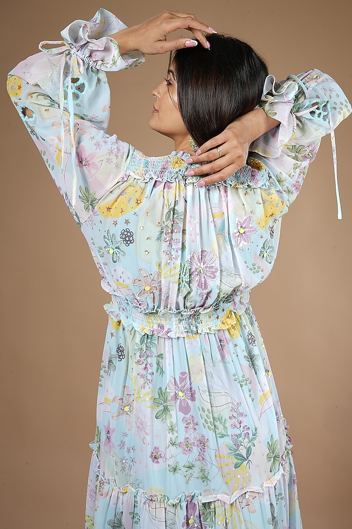 Blue Georgette Printed Vacation Dress by VANA ETHNICS at Pernia's Pop Up Shop