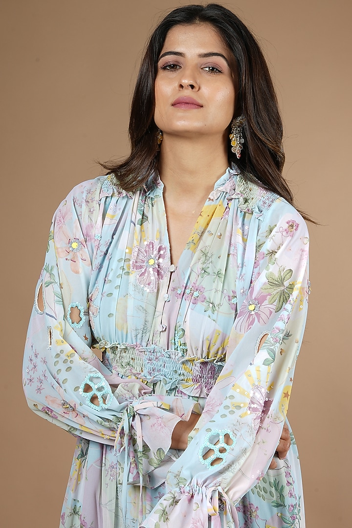 Blue Georgette Printed Vacation Dress by VANA ETHNICS at Pernia's Pop Up Shop