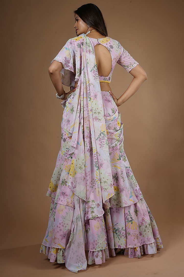 Pink Viscose Botanical Printed Ruffled Wedding Lehenga Saree Set by VANA ETHNICS at Pernia's Pop Up Shop