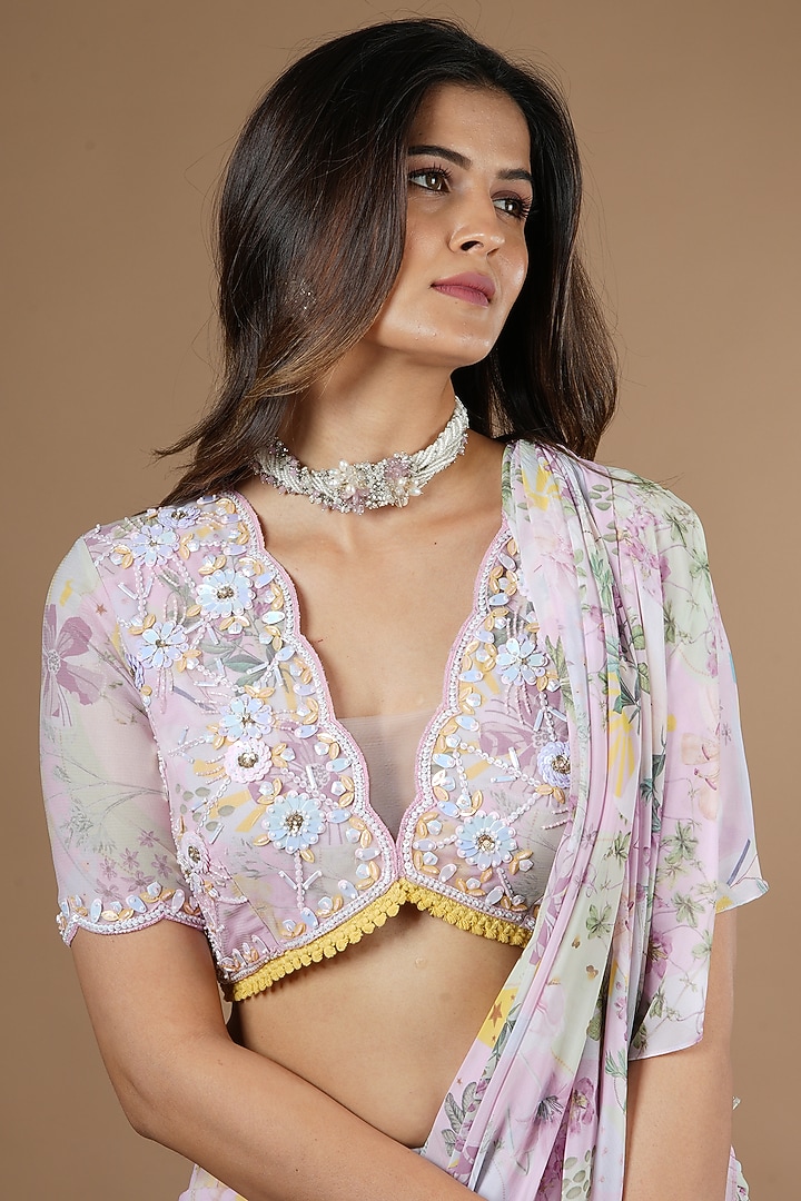 Pink Viscose Botanical Printed Ruffled Wedding Lehenga Saree Set by VANA ETHNICS at Pernia's Pop Up Shop