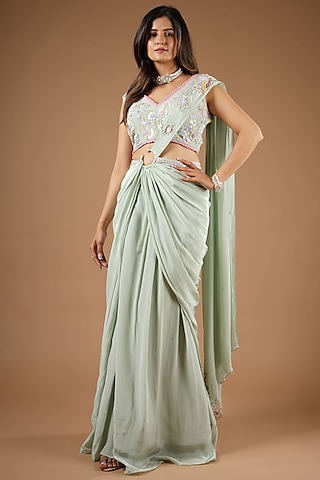 Pistachio Green Viscose Hand Embroidered Lehenga Saree Set by VANA ETHNICS