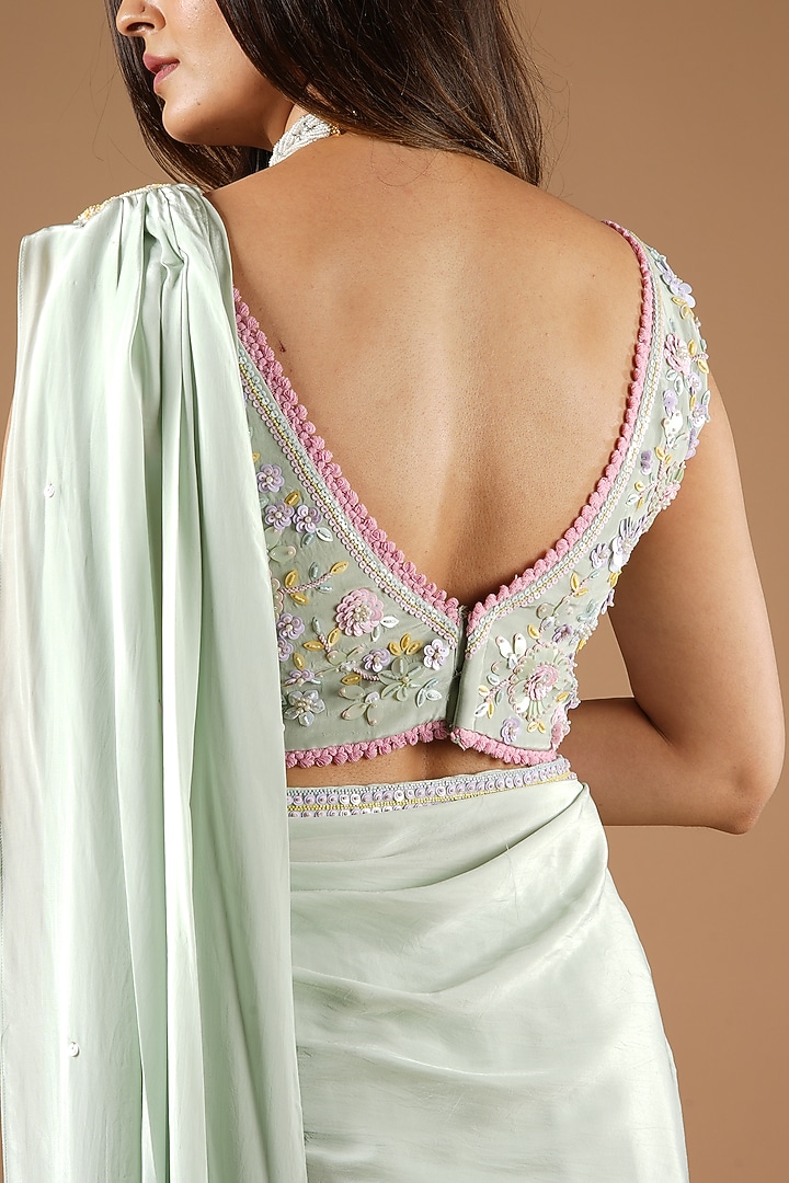 Pistachio Green Viscose Hand Embroidered Wedding Lehenga Saree Set by VANA ETHNICS at Pernia's Pop Up Shop