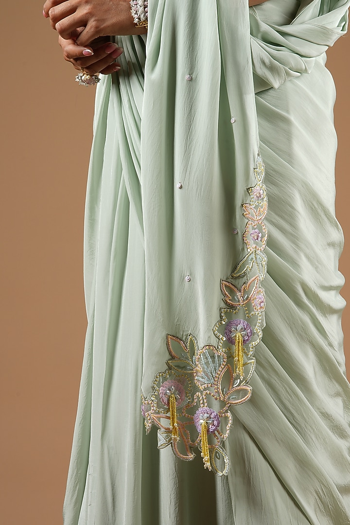 Pistachio Green Viscose Hand Embroidered Wedding Lehenga Saree Set by VANA ETHNICS at Pernia's Pop Up Shop