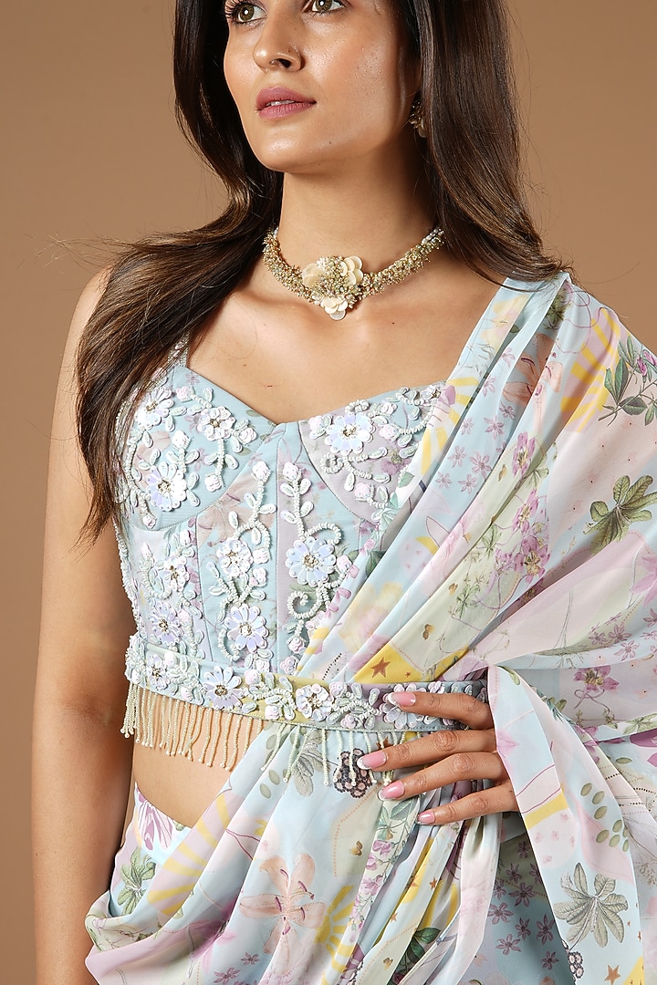 Blue Viscose Printed Ruffled Wedding Saree Set by VANA ETHNICS at Pernia's Pop Up Shop